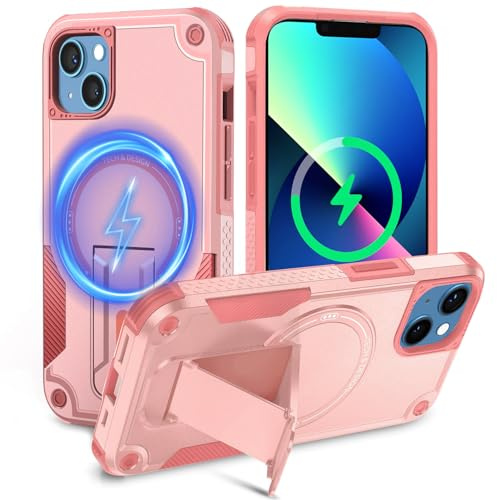 Tuvror Cover Magnetica per iPhone 13/ iPhone 14 [Compatibile con MagSafe] supporto Integrato, Supporto Protezione Militare Anticaduta, Cover Robusta Antishock per iPhone 13 /iPhone 14, Rosa | Compatibile con MagSafe, supporto integrato, protezione militare, custodia robusta antiurto per iPhone 13/14