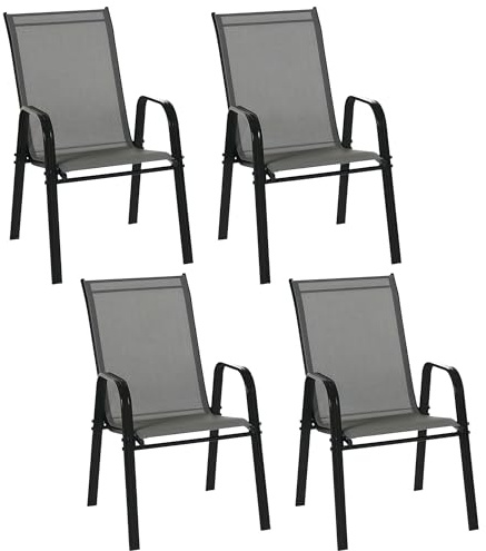 Outsunny Set 4 Sedie da Giardino Impilabili con Braccioli, Sedie per Pranzo da Esterno in Metallo e Texteline Impermeabile, da Patio, Balcone, Terrazza, Esterno e Interno, 54x75.5x95cm, Grigio