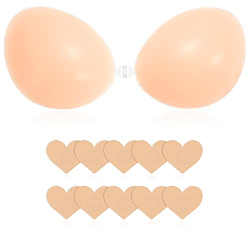 Trustnice Soutien-Gorge Invisible en Silicone，Soutien-Gorge Adhésif Push Up,Femme Coque Soutien Gorge sans Bretelles Réutilisable Bras pour Robe de Mariée avec 5 Cache-tétons(A-B, Nude)