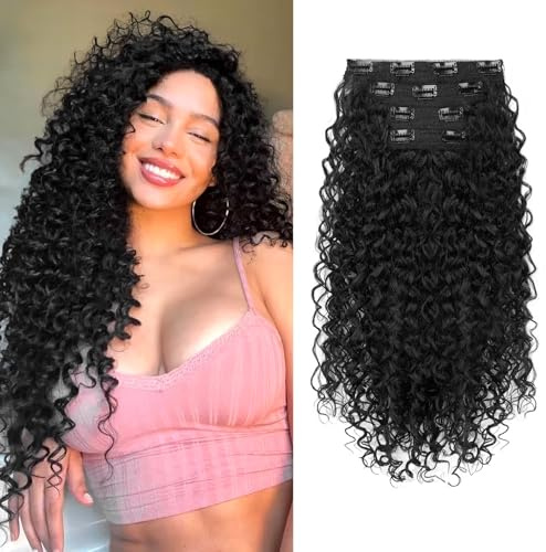 FLUFYMOOZ Extension per capelli a clip, da 4 pezzi, al 100% in pura seta proteica, lunghe, morbide, naturali, ricce, da 50 cm, per donne, nero