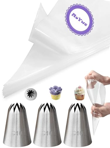 Extra Large Closed Star Piping Nozzle with Bags,3 Cake Decorating Tip for Churros,Meringue,Shells,Stars,Rosettes,Flower and 20 Disposable Piping Bags 18 inch