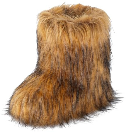 ipx Furry Faux Fur Boots for Women Fuzzy Fluffy Mid Calf Round Toe Snow Boots Women's Fashion Comfy Winter Boots Plush Warm Short Flat Heel Mid-Calf Brown Shoes