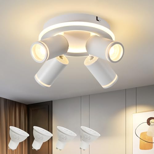 SANSHI Spot de plafond Ronde Orientable,4 Spots LED Plafonnier Pivotants 350°,Moderne Éclairage luminaire avec lueur inférieure 22W+4x5W GU10,Blanc Chaud Spot mural 3000K pour Cuisine Salon,Blanc