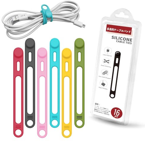 Viaky Silicone Cable Ties 16Pcs, Reusable Cable Straps with Hook Function to Prevent Loss, Elastic Wire Ties Management Organizer for Earphone Cable, Charger, Computer, Audio Cable Bundling, 6 Colors