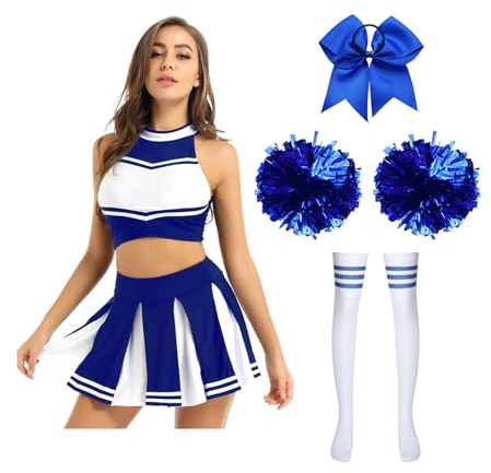 Yruioon 5Pcs Damen Cheer Leader Kostüm Cheerleading Uniform Crop Top mit Minirock Zubehör Cheer Outfits Halloween Karneval Fasching Tanzkostüm
