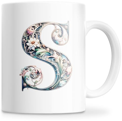Taza Personalizada con Letra Inicial del Nombre - Taza Cerámica 350ML con Motivo Floral, Regalos Originales para Mujeres, Mamá, Amigos - Apta para Lavavajillas y Microondas (S)