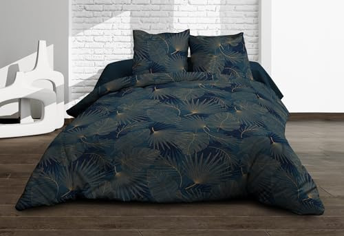 Parure Drap Plat + Drap-Housse 160x200 + 2 T - Pur Coton 57 Fils - Olinda Bleu