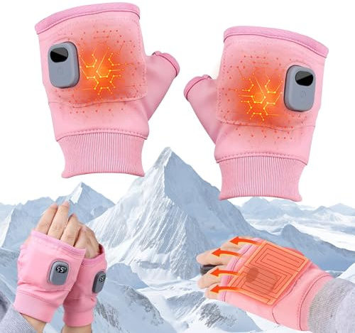 FUFRE 360°-Surround Beheizbare Handschuhe Damen, USB Fingerlose Handschuhe Damen mit Anzeige, 3 Gang Handschuhe Damen Warm aus Superfaser, waschbar Thermo Handschuhe Damen, für Damen, Mädchen (Rosa)