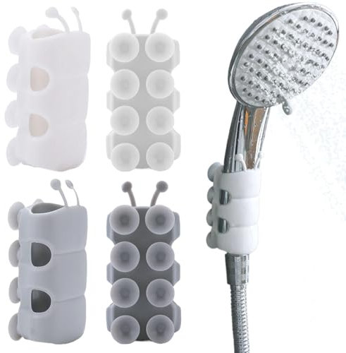 4Pcs Suction Cup Shower Head Holder, Caterpillar-Shaped TPE Shower Head Holder, Waterproof Punch-Free Wand, Washable Reusable Showerhead, 2 White and 2 Grey