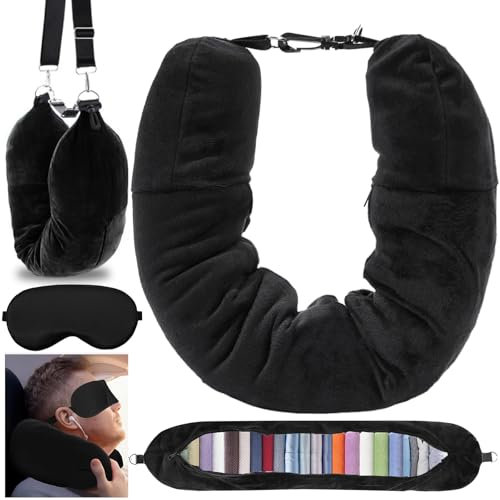 Cuscino Viaggio Riempibile, Cuscino da Viaggio Imbottibile con la Benda, Cuscino Cervicale Imbottito con Vestiti, Multifunzionale a Forma di U Collo da Viaggio per Viaggiare in Auto o in Aereo