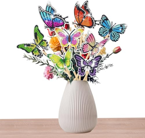 JEKRWNOY 8 Stück Diamond Painting Schmetterling, 5D Diamond Painting Art für Garten Deko-Erwachsene Kinder Schmetterling Bilder Gartendekoration für Draußen und Drinnen Balkon Deko