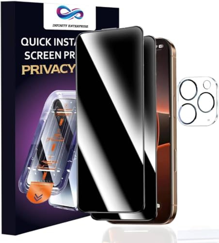 Infinity Enterprise Pellicola protettiva in vetro per la privacy per Apple iPhone 14, confezione da 2 pezzi + 1 protezione per obiettivo della fotocamera, bordo 28 gradi FaceID, antiscivolo, facile