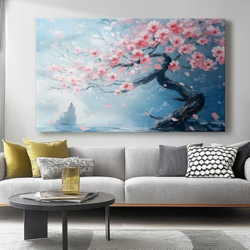 Impressions sur toile 120L x50l cm Décoration murale pour salon et chambre rose bleu d'art sur toile panoramique abstraite Fleurs Cerisiers Japonais