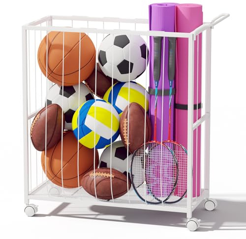 Homsorout Cesta de almacenamiento de bolas, carrito de pelotas deportivas, organizador de metal para garaje, cesta de bolas, jaula de pelotas para garaje o gimnasio, organizador de equipos deportivos