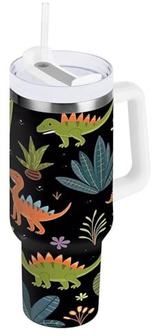 RPLIFE Dinosaurier Kaktus Becher mit Griff und Strohhalm, Edelstahlbecher, isolierter Becher mit Strohhalm, 1,2 l
