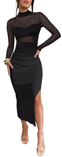Caracilia Womens Mesh Dress Long Sleeve Mock Neck Bodycon Sheer Going Out Cocktail Night Club Midi Dresses 3 Piece Outfits Black Small