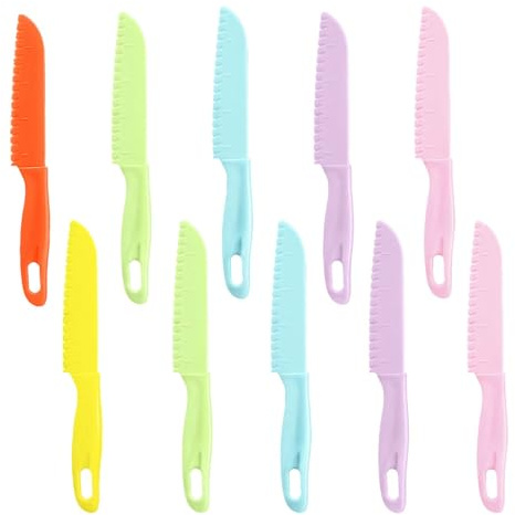 Plastic Reusable Kids Safety Knife Set for Chopping for Kitchen, 10PCS | Colorful Childrens Safety Knives for Cutting for Baking Fruit Bread Cake Lettuce Salad, Serrated Blades are Safer to Use