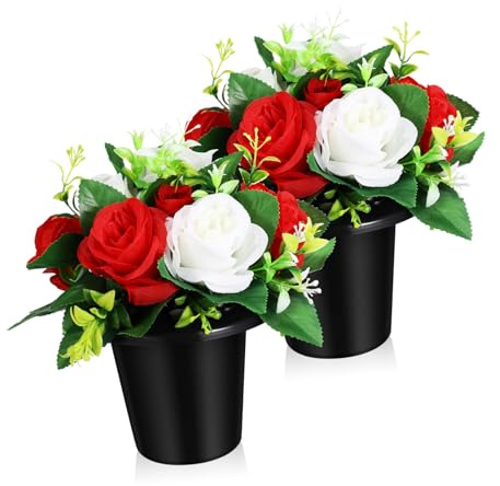 HIAKDOFT 2 pièces Fleurs Artificielles pour Tombe Extérieur de Pots Funéraires Blanc et Rouge Décoration et Minimaliste pour Cimetière et Commémoration
