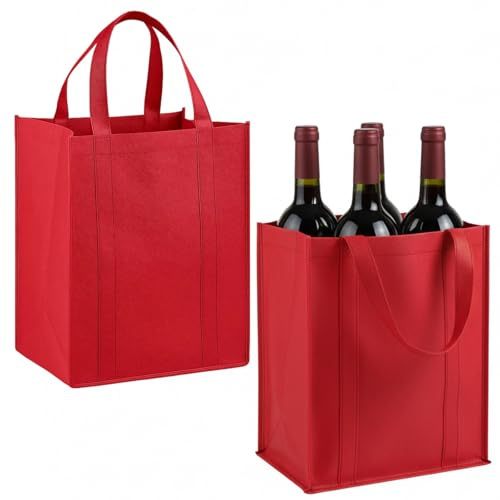 Wine Carrier Bag 6 Bottles, Durable Non-Woven Bottle Bags for Wine, Red Foldable Wine Boxes for Moving, Reusable Compartment Wine Bottles Holder Bags for Travel Camping Picnic (Red)32 x 38 x 25 cm