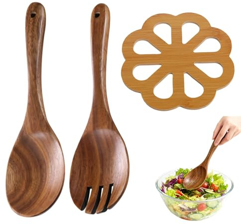 Ailah Lot De 3 Ustensiles De Cuisine Bois – Cuillère en Bois, Couvert À Salade, Dessous De Plat Bambou Rond Fleur, Ustensiles De Cuisine Bois Naturel pour Servir Salades Et Protéger La Table