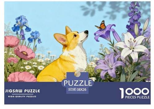 Puzzle Corgi 1000 Pièces pour Adultes Et Enfants, Jeu De Famille, Casse-tête Buisson Fleuri, Home Decor, Cadeau Adulte 38x26cm/1000pcs