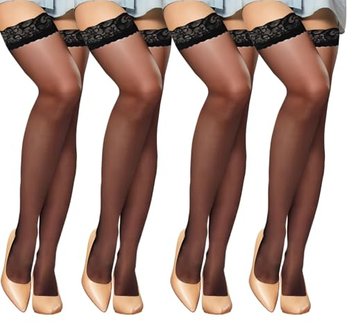 YTBAB 8 Pcs Women's Oily Glossy Thigh High Stockings Shiny Hold Ups Sheer Silky Anti-Skid Lace Stockings for Women and Girls Supplies with Anti Skid One Size