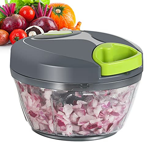 Procesador de alimentos manual portátil, picador de verduras de 500 ml con cuerda de extracción manual para ajo, cebollas, frutas, frutos secos y hierbas, herramienta de cocina eficiente en color gris