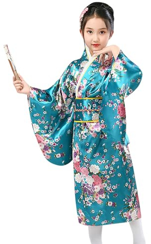 Japonais Enfant pour Filles Deguisement Chinoise Fille Peignoir Satin Kimono Robe de Chambre à Manche Longue Fille Peignoir Mariage Fête Robe Cosplay Traditionnel Vêtements