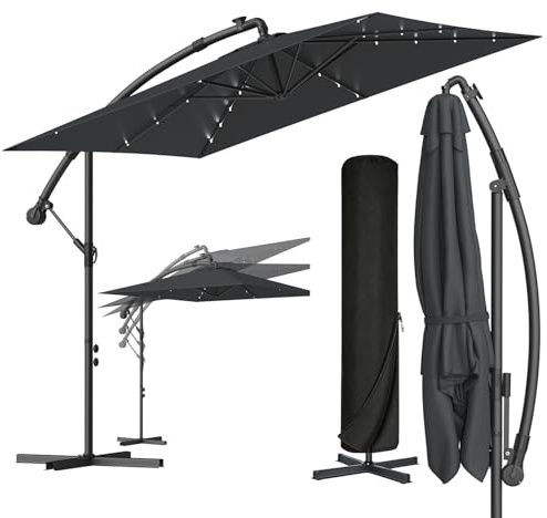 Verdego Sonnenschirm mit Ständer, Ampelschirm Rechteckig mit LED Beleuchtung, Kurbel, Schutzhülle, Gartenschirm Ø350cm, UV-Schutz Windfest Wasserabweisend Aluminium, Marktschirm, Dunkelgrau