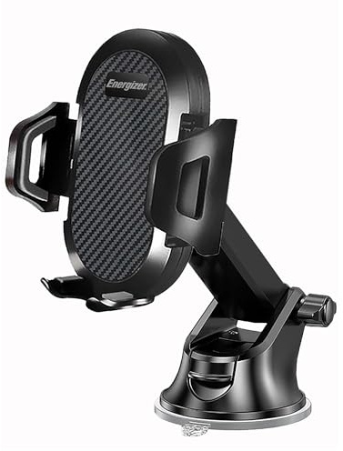 Energizer - Soporte para teléfono de coche con ventosa universal – Fijación parabrisas y salpicadero – Rotación 360° Modo Retrato / Paisaje – para smartphones de 4 a 7 – Ultra estable – Negro