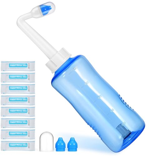 Botella de Irrigación Nasal 500ml de Plástico con Válvula Automática | 1 Juego con Sal, Boquilla Angulada, Gran Capacidad, Ducha Nasal para Adultos, para Limpieza Nariz