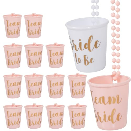 15PCS Beaded Shot Glasses Hen Party Shot Glass Necklace Bride Groom Cups Necklace Plastic Bride Groom Drinking Tumblers for Bachelorette Party Favours Hen Do Bridal Shower Pre Wedding Gatherings