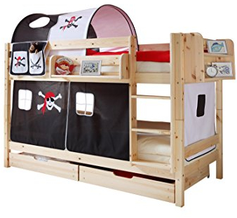 Etagenbett Doppelbett Marcel Kiefer massiv Natur, Vorhangstoff:Pirat Schwarz Weiss