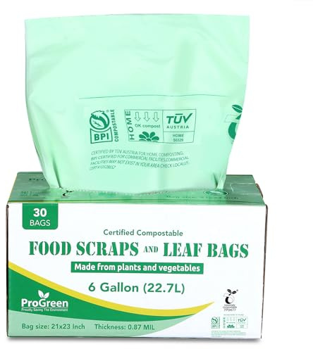 ProGreen Compostable Trash Bags, Extra Thick, Compost Kitchen Bin Bags, Food Scraps Yard Waste Bags, ASTM D6400 BPI and TÜV AUSTRIA Certified (6 Gallon, Pack of 30)