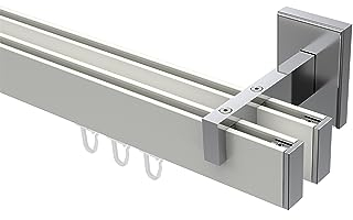 INTERDECO Innenlauf-Gardinenstange eckig 14 x 35 mm 2-läufig, kantige Innenlaufstange aus Metall, Weiß mit Chrom, zur Wandmontage, Typ 10212821, 140 cm
