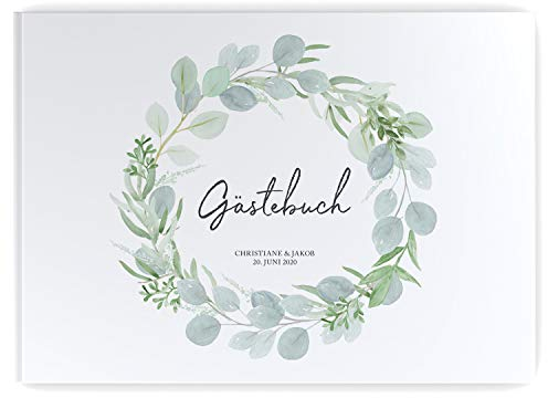 DeinWeddingshop Gästebuch zur Hochzeits - PERSONALISIERT mit Namen & Datum - Hardcover Buch, 104 Seiten, DIN A4 quer | Hochzeitsgästebuch (Inhalt weiße Seiten - blanko, Eucalyptus Green Love)