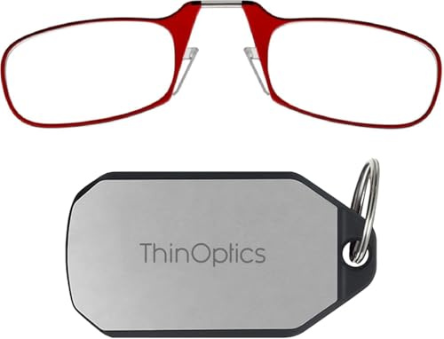 ThinOptics Lesebrille 2.00 rote Rahmen mit Schlüsselanhängeretui – kompakte faltbare rechteckige Brille – aufsteckbare Nase – Stärke 2,00 mit Flex-Fit-Technologie