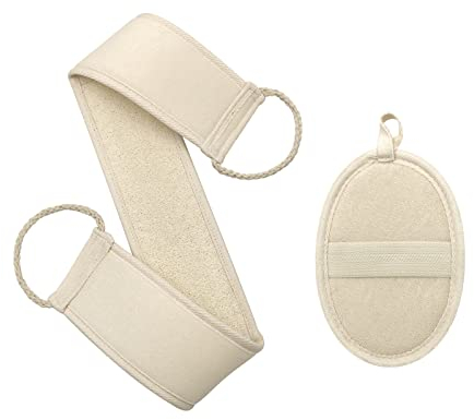 Pinkiou Loofah Back Scrubber, sangle de bain en luffa avec coussinet éponge Luffa, exfoliant bio exfoliant pour le dos pour hommes femmes