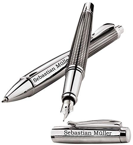 Juwelier Schönschmied - Schreibset Metall-Druckkugelschreiber & -Füller als Geschenk mit Wunschgravur & Wunschsymbol, kariertes Dekor Schreibset PS41