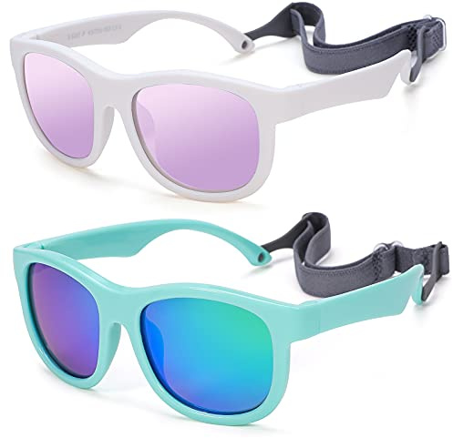 Flexible Polarized Baby Sunglasses with Adjustable Strap for Toddler Newborn Infant Age 0-24 Months (White/Purple Mirrored + Green/Green Mirrored) - 2 Pack