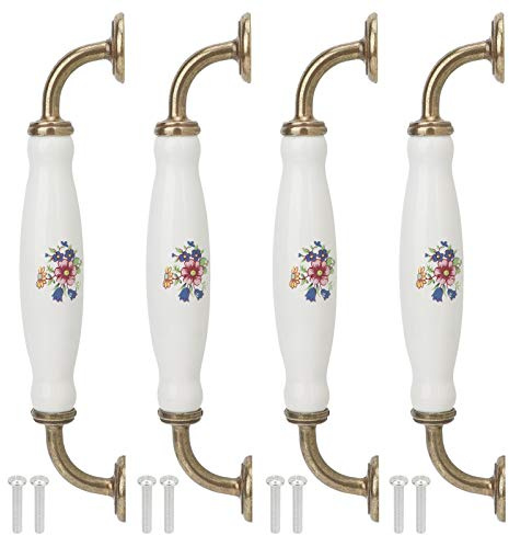 Tomotato 4 Stück Blumenmuster Möbelgriffe, Vintage Kleiderschrank Türgriff mit Schrauben, Keramik Schubladegriff Griffe Bohrlochabstand 160mm für Küchenschrank, Schublade, Schlafzimmer