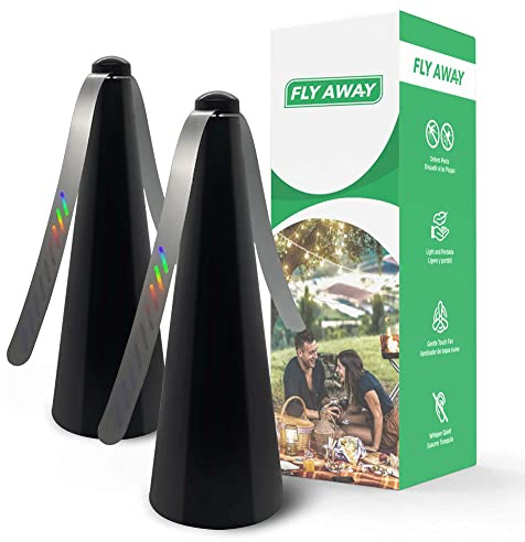 Fly Away - 2 Pack Outdoor Fly Repellent Fan, Outside or Inside Table use, Restaurant, Barbeque, Events, Deter Flies, Wasps, Bees, Other Moscas and Bugs Away, Battery Operated, Tabletop, Hanging Hook.