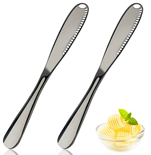 RIEOS 2 PCS Butter Spreader Knife, Stainless Steel Multi-Function Butter Knives, Black Curler with Holes & Serrated Edge, 3- in- 1 Kitchen Gadgets for Cold Butter, Bread, and Jams