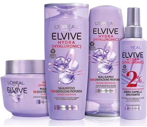 L'Oréal Paris Elvive Routine Completa Hydra Hyaluronic Kit Con Shampoo, Balsamo, Maschera e Siero Spray, Per Capelli Disidratati 72 Ore, Idratazione Profonda Con Acido Ialuronico, 4 Pezzi