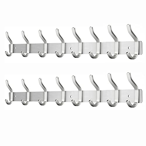 MEIJO Garderobenhaken Edelstahl, Hakenleiste Kleiderhaken Wand mit 8 Haken | 2 Stück Garderobenleiste Silber Garderobe kleiderhakenleiste Wandgarderobe Jackenhalter Wandhaken für Schlafzimmer Bad Küche