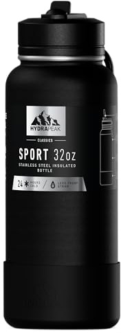 Hydrapeak 32oz Sport Insulated Water Bottle with Straw or Chug Lid, Leak & Spill Proof, Keeps Drinks Cold for 24 Hours, Hot for 12 Hours, Premium Stainless Steel Water Bottles (32oz, Black)