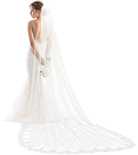 Abaodam Brautkleider Hochzeitskleider Langer Brautschleier mit Kamm Einlagiger Hochzeitsschleier Stickereispitze Brautschleier Brautaccessoire Hochzeitsfestbevorzugung Schleier