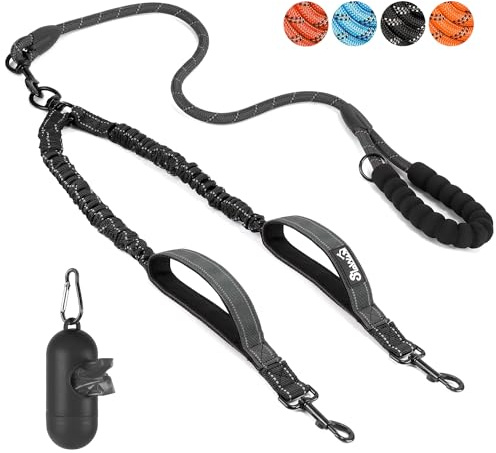SlowTon Doppelleine für 2 Hunde, 360° drehbare, reflektierende Hundeleine mit Zwei gepolsterten Griffen, bequemes stoßdämpfendes Spaziergangstraining Hundeleine für kleine mittelgroße Hunde (3-16KG)