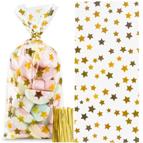 100 stycken guldstjärnor jul kakpåsar, jul sötsaker påsar, godispåse med gyllene stjärnor 275 x 125 mm, OPP transparent cellofanpåsar cellofanpåsar presentpåsar