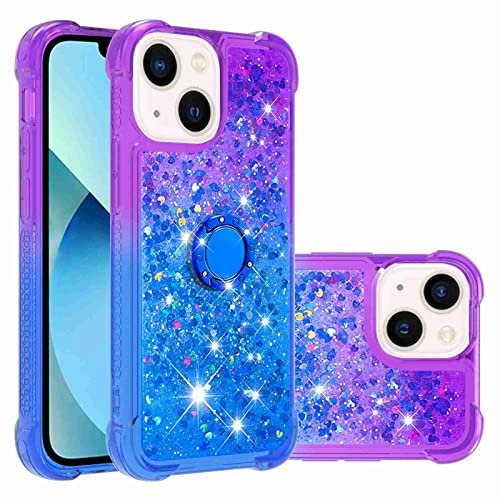 Reevermap iPhone 14 Phone Case with Ring Holder Kickstand, Clear Glitter Liquid Floating Silicone Case Sparkle 360 Degree Rotating Bumper Case Cover for Girls Women, Purple & Blue